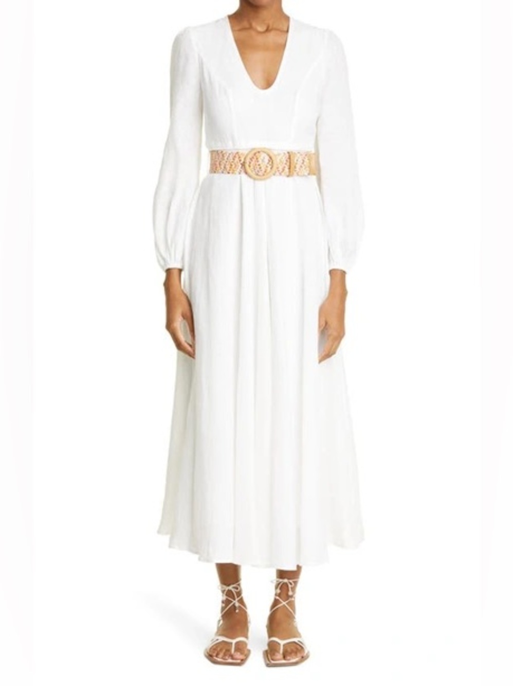 NWT Zimmermann Cira Plunge Linen Long Dress w/ Belt 0 US4